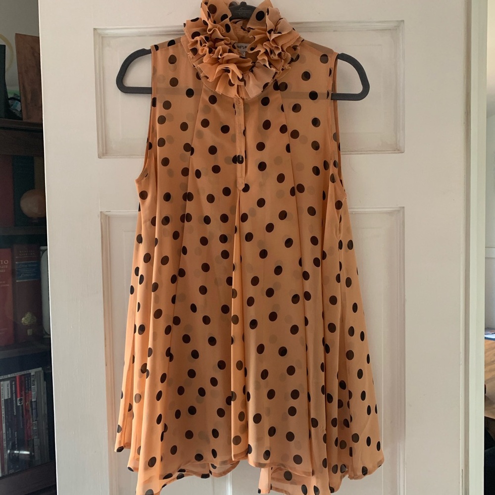 Ruffle high collar blouse with polka dots